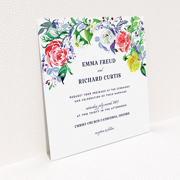 A personalised wedding invitation named "The flowerbed". It is a square (148mm x 148mm) invite in a square orientation. "The flowerbed" is available as a flat invite, with mainly green colouring.
