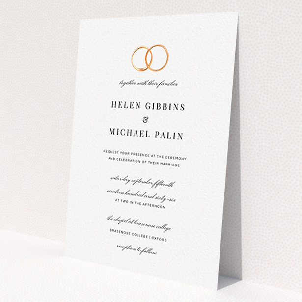 A personalised wedding invitation template titled 'The newlyweds'. It is an A6 invite in a portrait orientation. 'The newlyweds' is available as a flat invite, with tones of white and gold.