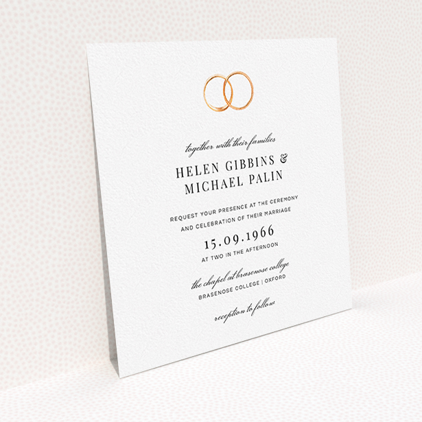A personalised wedding invitation design named "The newlyweds". It is a square (148mm x 148mm) invite in a square orientation. "The newlyweds" is available as a flat invite, with tones of white and gold.