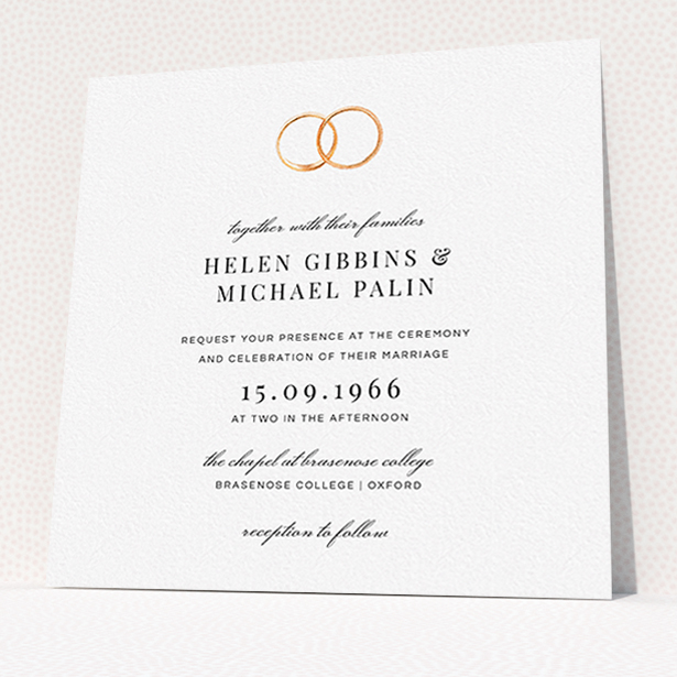 A personalised wedding invitation design named "The newlyweds". It is a square (148mm x 148mm) invite in a square orientation. "The newlyweds" is available as a flat invite, with tones of white and gold.