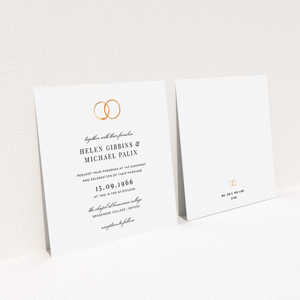 A personalised wedding invitation design named "The newlyweds". It is a square (148mm x 148mm) invite in a square orientation. "The newlyweds" is available as a flat invite, with tones of white and gold.