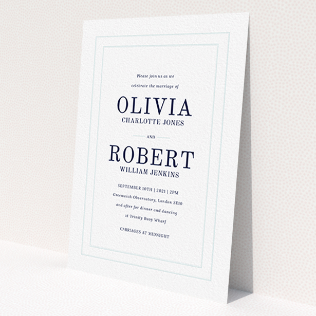 A personalised wedding invitation called 'Thick White and Blue'. It is an A6 invite in a portrait orientation. 'Thick White and Blue' is available as a flat invite, with tones of blue and white.