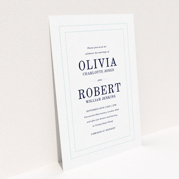 A personalised wedding invitation called "Thick White and Blue". It is an A6 invite in a portrait orientation. "Thick White and Blue" is available as a flat invite, with tones of blue and white.