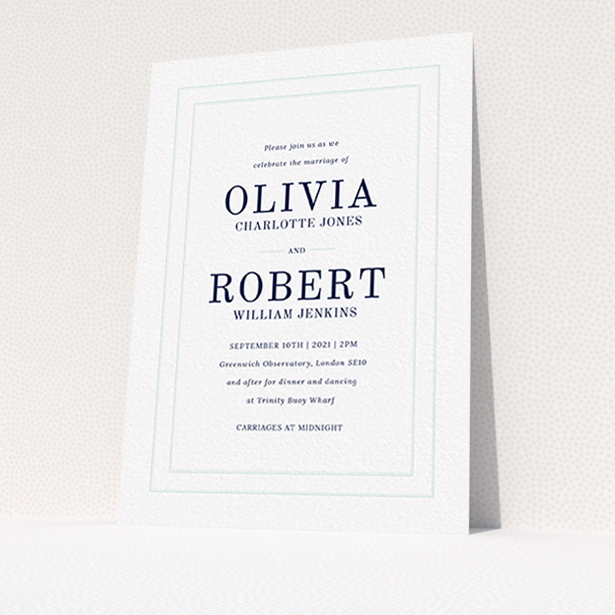 A personalised wedding invitation called "Thick White and Blue". It is an A6 invite in a portrait orientation. "Thick White and Blue" is available as a flat invite, with tones of blue and white.