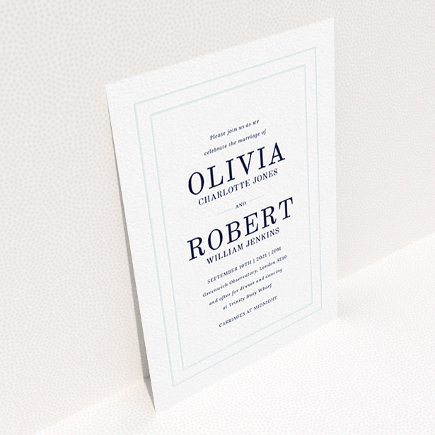 A personalised wedding invitation called "Thick White and Blue". It is an A6 invite in a portrait orientation. "Thick White and Blue" is available as a flat invite, with tones of blue and white.