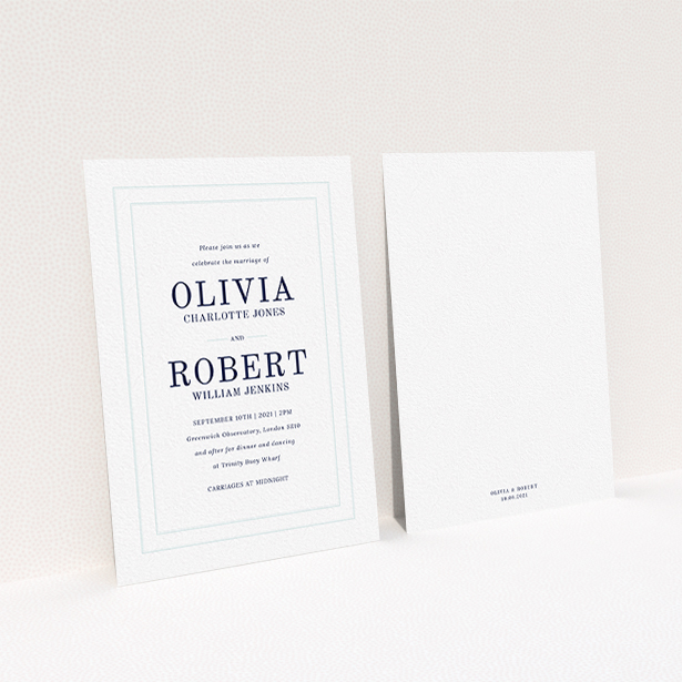 A personalised wedding invitation called "Thick White and Blue". It is an A6 invite in a portrait orientation. "Thick White and Blue" is available as a flat invite, with tones of blue and white.
