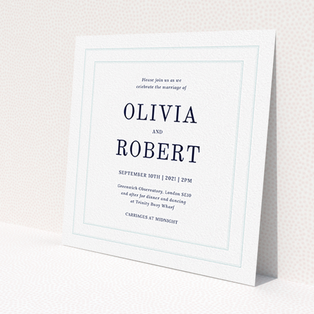 A personalised wedding invitation named 'Thick White and Blue'. It is a square (148mm x 148mm) invite in a square orientation. 'Thick White and Blue' is available as a flat invite, with tones of blue and white.