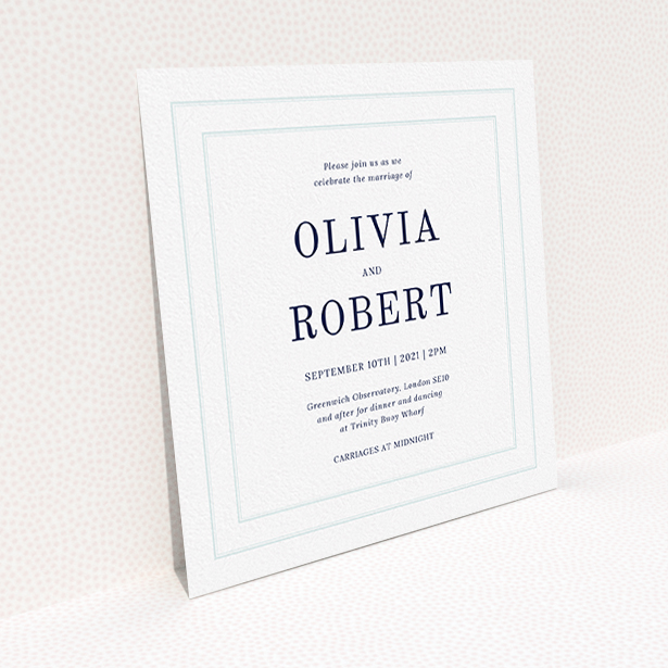 A personalised wedding invitation named "Thick White and Blue". It is a square (148mm x 148mm) invite in a square orientation. "Thick White and Blue" is available as a flat invite, with tones of blue and white.