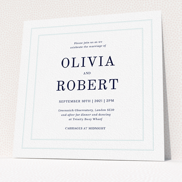 A personalised wedding invitation named "Thick White and Blue". It is a square (148mm x 148mm) invite in a square orientation. "Thick White and Blue" is available as a flat invite, with tones of blue and white.