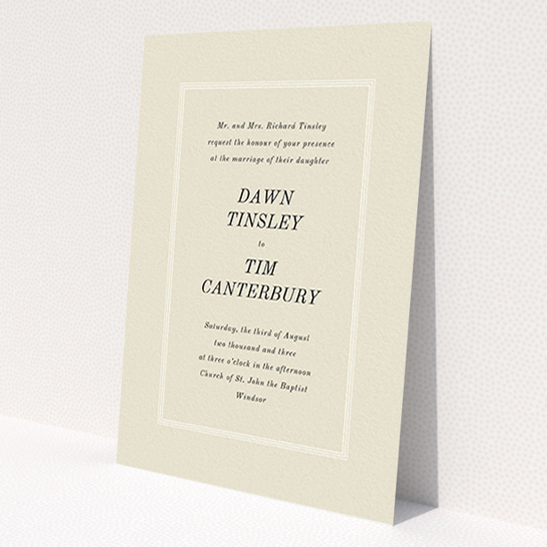 A personalised wedding invitation design called 'Three line border'. It is an A6 invite in a portrait orientation. 'Three line border' is available as a flat invite, with mainly dark cream colouring.