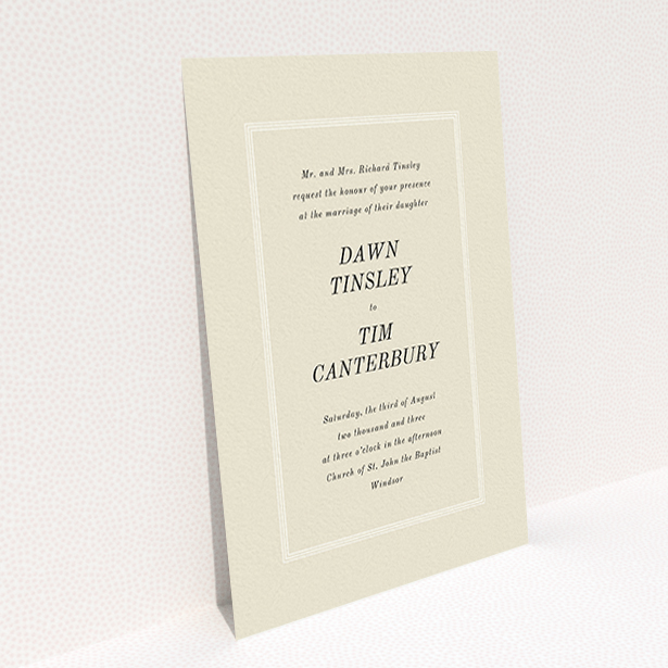 A personalised wedding invitation design called "Three line border". It is an A6 invite in a portrait orientation. "Three line border" is available as a flat invite, with mainly dark cream colouring.