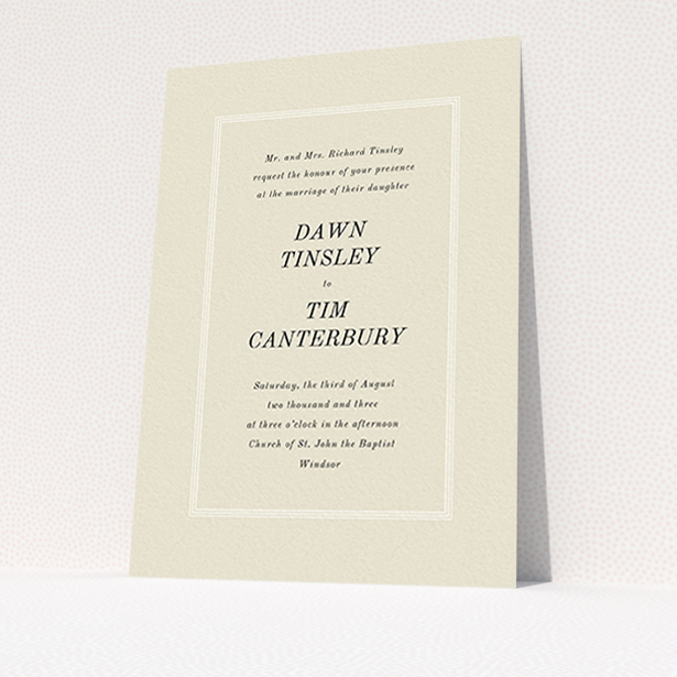 A personalised wedding invitation design called "Three line border". It is an A6 invite in a portrait orientation. "Three line border" is available as a flat invite, with mainly dark cream colouring.