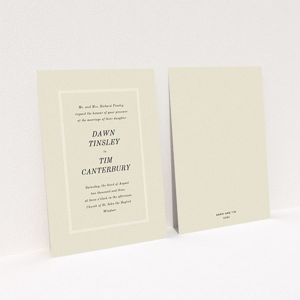 A personalised wedding invitation design called "Three line border". It is an A6 invite in a portrait orientation. "Three line border" is available as a flat invite, with mainly dark cream colouring.