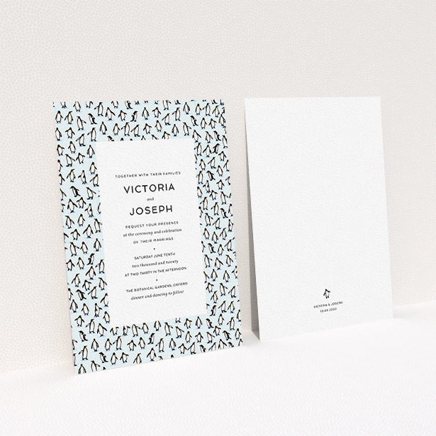 A personalised wedding invitation design titled "Tiny, Tiny Penguins". It is an A6 invite in a portrait orientation. "Tiny, Tiny Penguins" is available as a flat invite, with tones of blue and white.