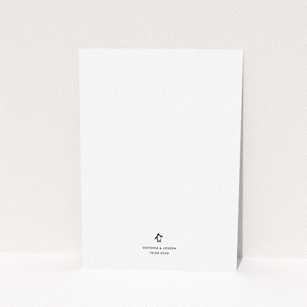 A personalised wedding invitation design titled "Tiny, Tiny Penguins". It is an A6 invite in a portrait orientation. "Tiny, Tiny Penguins" is available as a flat invite, with tones of blue and white.