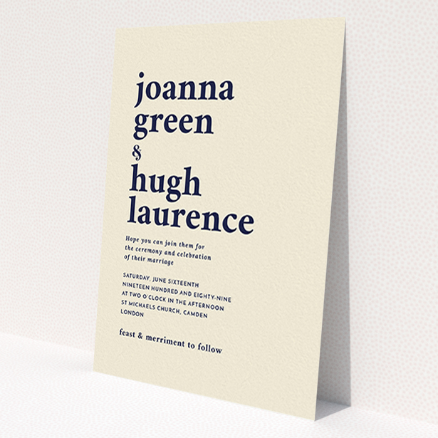A personalised wedding invitation design titled 'To the left'. It is an A6 invite in a portrait orientation. 'To the left' is available as a flat invite, with mainly cream colouring.