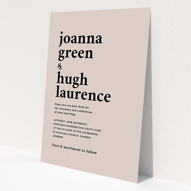 A personalised wedding invitation named 'To the left'. It is an A6 invite in a portrait orientation. 'To the left' is available as a flat invite, with mainly dark cream colouring.