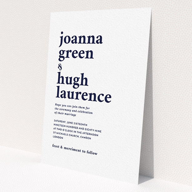A personalised wedding invitation design called 'To the left'. It is an A6 invite in a portrait orientation. 'To the left' is available as a flat invite, with mainly white colouring.
