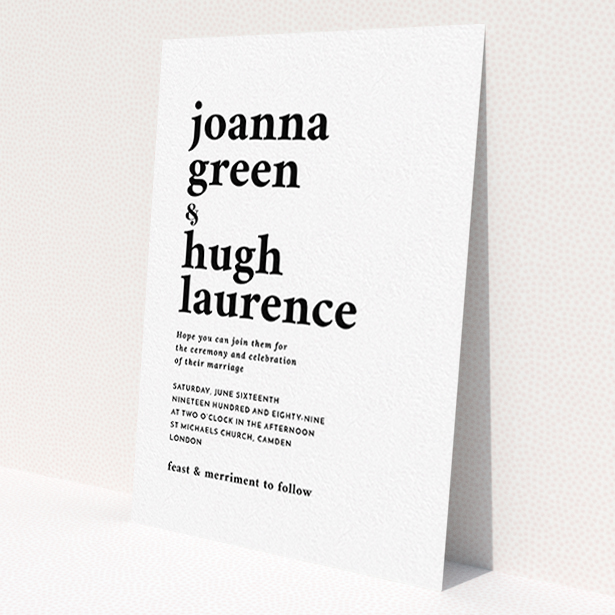 A personalised wedding invitation design titled 'To the left'. It is an A6 invite in a portrait orientation. 'To the left' is available as a flat invite, with mainly white colouring.