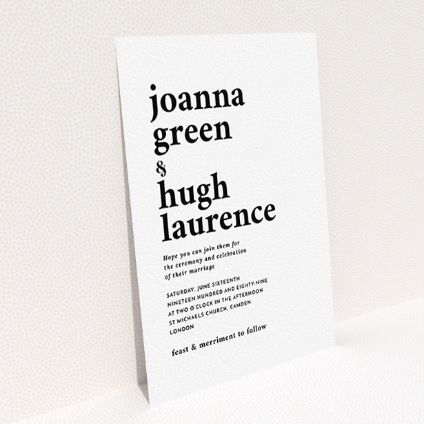 A personalised wedding invitation design titled "To the left". It is an A6 invite in a portrait orientation. "To the left" is available as a flat invite, with mainly white colouring.