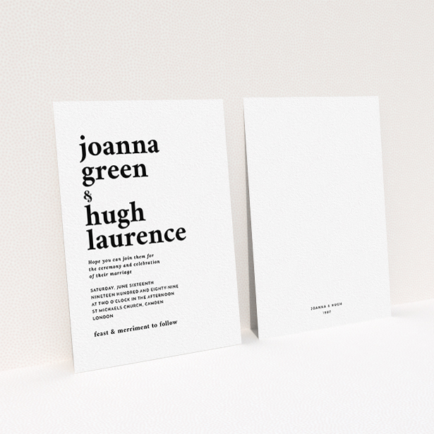 A personalised wedding invitation design titled "To the left". It is an A6 invite in a portrait orientation. "To the left" is available as a flat invite, with mainly white colouring.