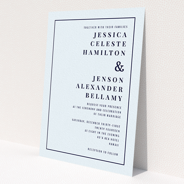 A personalised wedding invitation design titled 'To the right'. It is an A6 invite in a portrait orientation. 'To the right' is available as a flat invite, with mainly light blue colouring.
