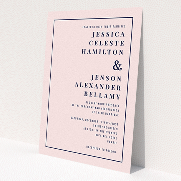 A personalised wedding invitation template titled 'To the right'. It is an A6 invite in a portrait orientation. 'To the right' is available as a flat invite, with mainly pink colouring.