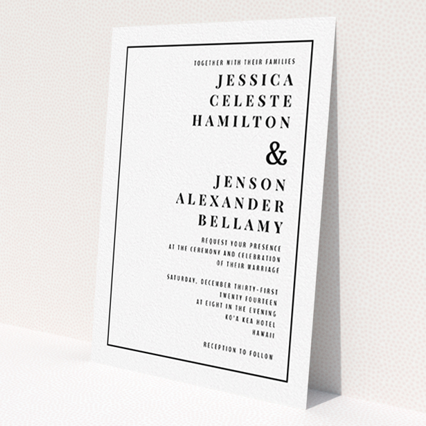 A personalised wedding invitation named 'To the right'. It is an A6 invite in a portrait orientation. 'To the right' is available as a flat invite, with mainly white colouring.