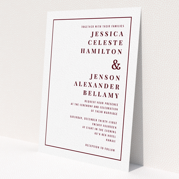 A personalised wedding invitation design named 'To the right'. It is an A6 invite in a portrait orientation. 'To the right' is available as a flat invite, with tones of white and burgundy.