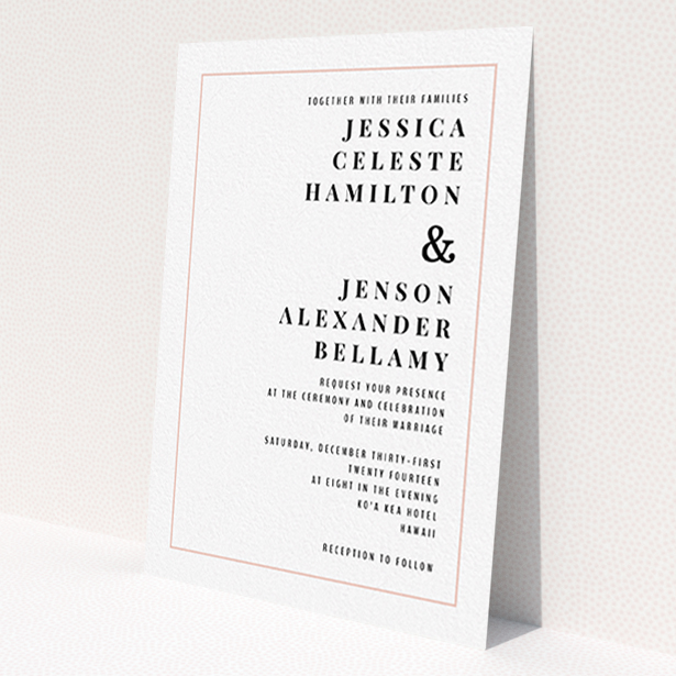 A personalised wedding invitation called 'To the right'. It is an A6 invite in a portrait orientation. 'To the right' is available as a flat invite, with tones of white and pink.