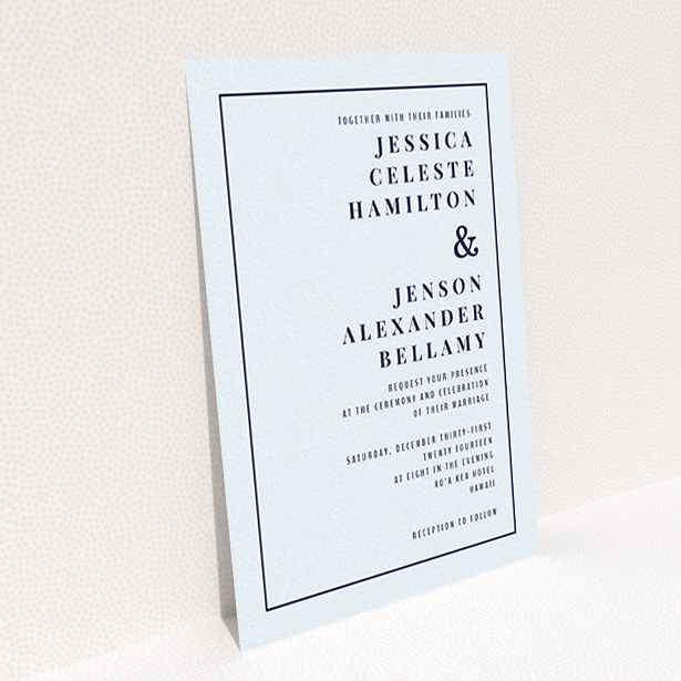 A personalised wedding invitation design titled "To the right". It is an A6 invite in a portrait orientation. "To the right" is available as a flat invite, with mainly light blue colouring.