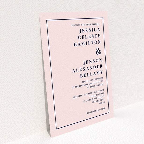 A personalised wedding invitation template titled "To the right". It is an A6 invite in a portrait orientation. "To the right" is available as a flat invite, with mainly pink colouring.