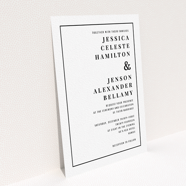 A personalised wedding invitation named "To the right". It is an A6 invite in a portrait orientation. "To the right" is available as a flat invite, with mainly white colouring.