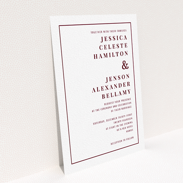 A personalised wedding invitation design named "To the right". It is an A6 invite in a portrait orientation. "To the right" is available as a flat invite, with tones of white and burgundy.