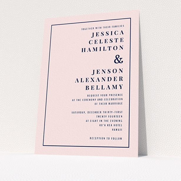A personalised wedding invitation template titled "To the right". It is an A6 invite in a portrait orientation. "To the right" is available as a flat invite, with mainly pink colouring.