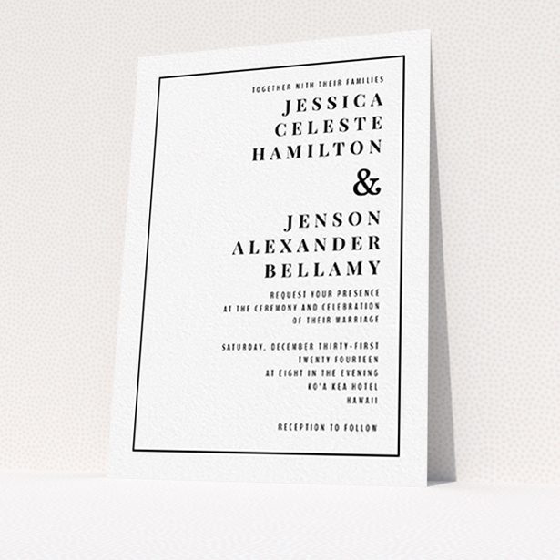 A personalised wedding invitation named "To the right". It is an A6 invite in a portrait orientation. "To the right" is available as a flat invite, with mainly white colouring.
