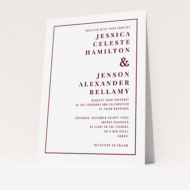 A personalised wedding invitation design named "To the right". It is an A6 invite in a portrait orientation. "To the right" is available as a flat invite, with tones of white and burgundy.
