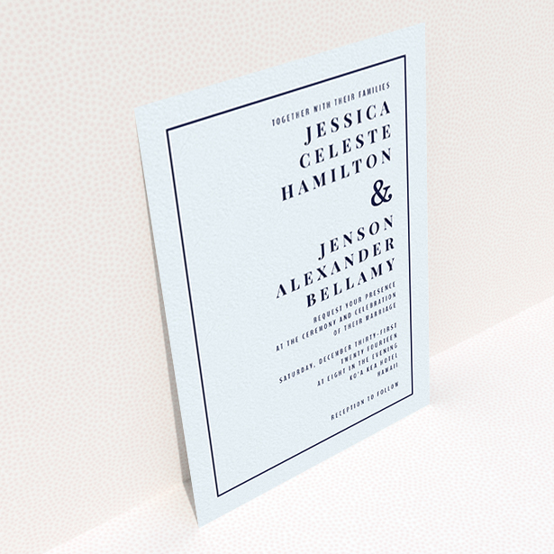 A personalised wedding invitation design titled "To the right". It is an A6 invite in a portrait orientation. "To the right" is available as a flat invite, with mainly light blue colouring.