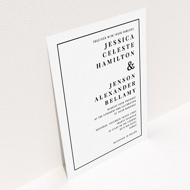 A personalised wedding invitation named "To the right". It is an A6 invite in a portrait orientation. "To the right" is available as a flat invite, with mainly white colouring.