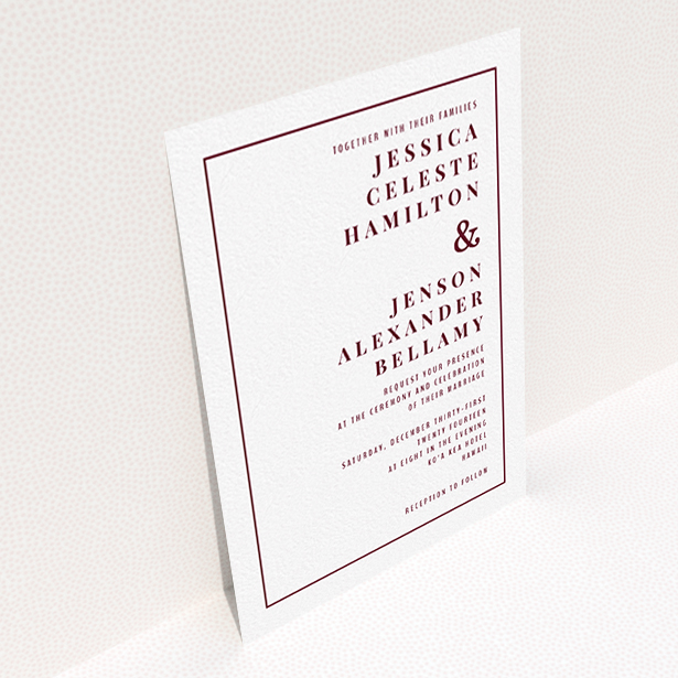 A personalised wedding invitation design named "To the right". It is an A6 invite in a portrait orientation. "To the right" is available as a flat invite, with tones of white and burgundy.