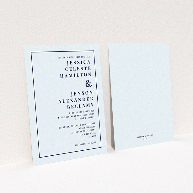 A personalised wedding invitation design titled "To the right". It is an A6 invite in a portrait orientation. "To the right" is available as a flat invite, with mainly light blue colouring.