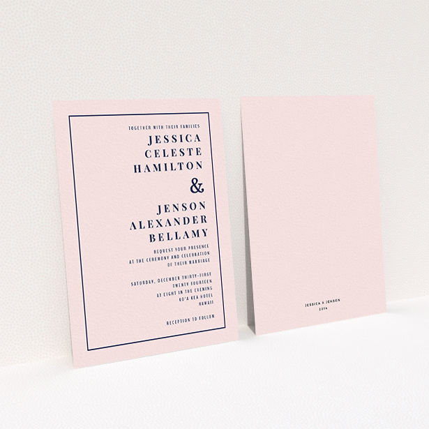 A personalised wedding invitation template titled "To the right". It is an A6 invite in a portrait orientation. "To the right" is available as a flat invite, with mainly pink colouring.