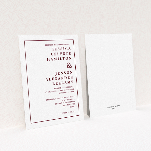 A personalised wedding invitation design named "To the right". It is an A6 invite in a portrait orientation. "To the right" is available as a flat invite, with tones of white and burgundy.