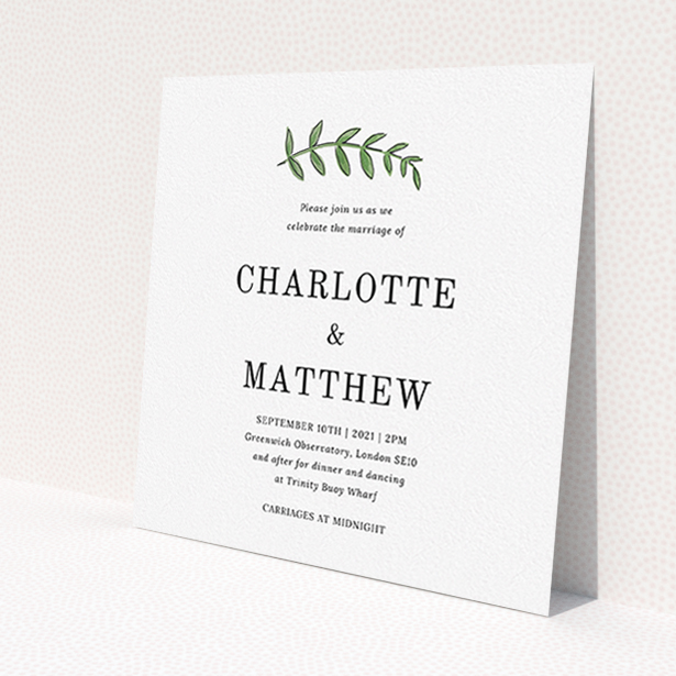 A personalised wedding invitation called 'Top and Bottom'. It is a square (148mm x 148mm) invite in a square orientation. 'Top and Bottom' is available as a flat invite, with tones of white and green.