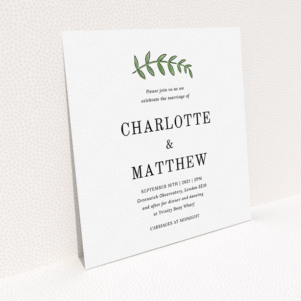 A personalised wedding invitation called "Top and Bottom". It is a square (148mm x 148mm) invite in a square orientation. "Top and Bottom" is available as a flat invite, with tones of white and green.