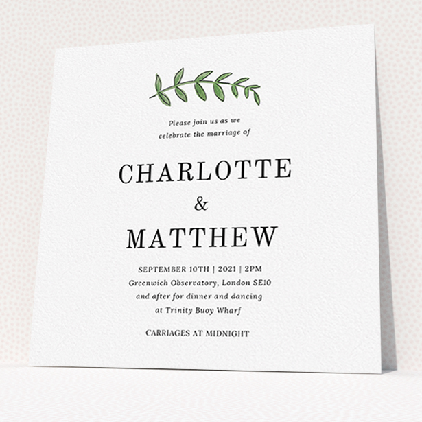 A personalised wedding invitation called "Top and Bottom". It is a square (148mm x 148mm) invite in a square orientation. "Top and Bottom" is available as a flat invite, with tones of white and green.