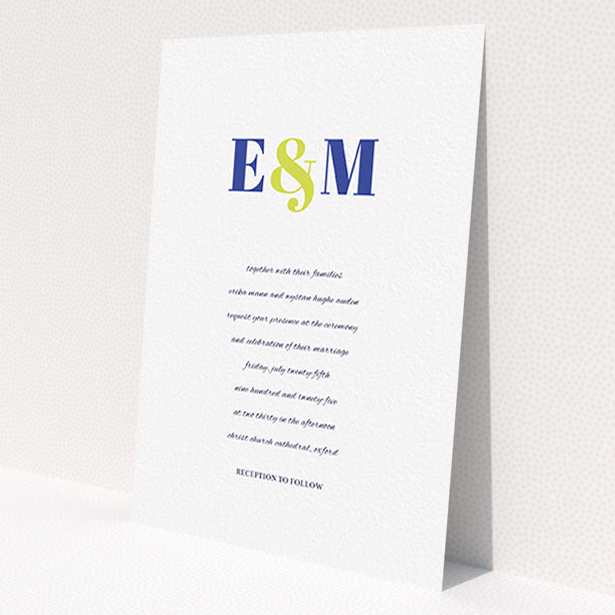 A personalised wedding invitation called 'Top line'. It is an A6 invite in a portrait orientation. 'Top line' is available as a flat invite, with tones of white and blue.