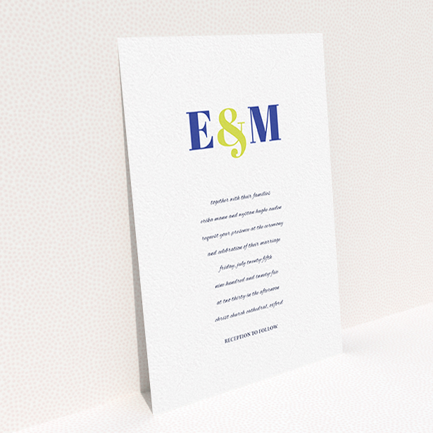 A personalised wedding invitation called "Top line". It is an A6 invite in a portrait orientation. "Top line" is available as a flat invite, with tones of white and blue.