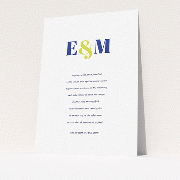 A personalised wedding invitation called "Top line". It is an A6 invite in a portrait orientation. "Top line" is available as a flat invite, with tones of white and blue.