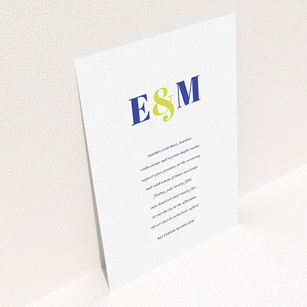 A personalised wedding invitation called "Top line". It is an A6 invite in a portrait orientation. "Top line" is available as a flat invite, with tones of white and blue.